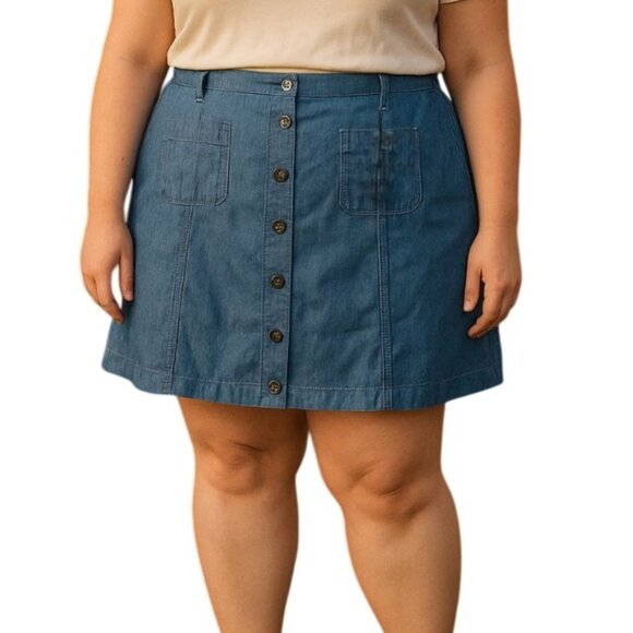 Robert Louis Womens Blue Chambray Button Front Skirt With Pockets Size 2X - Picture 1 of 7